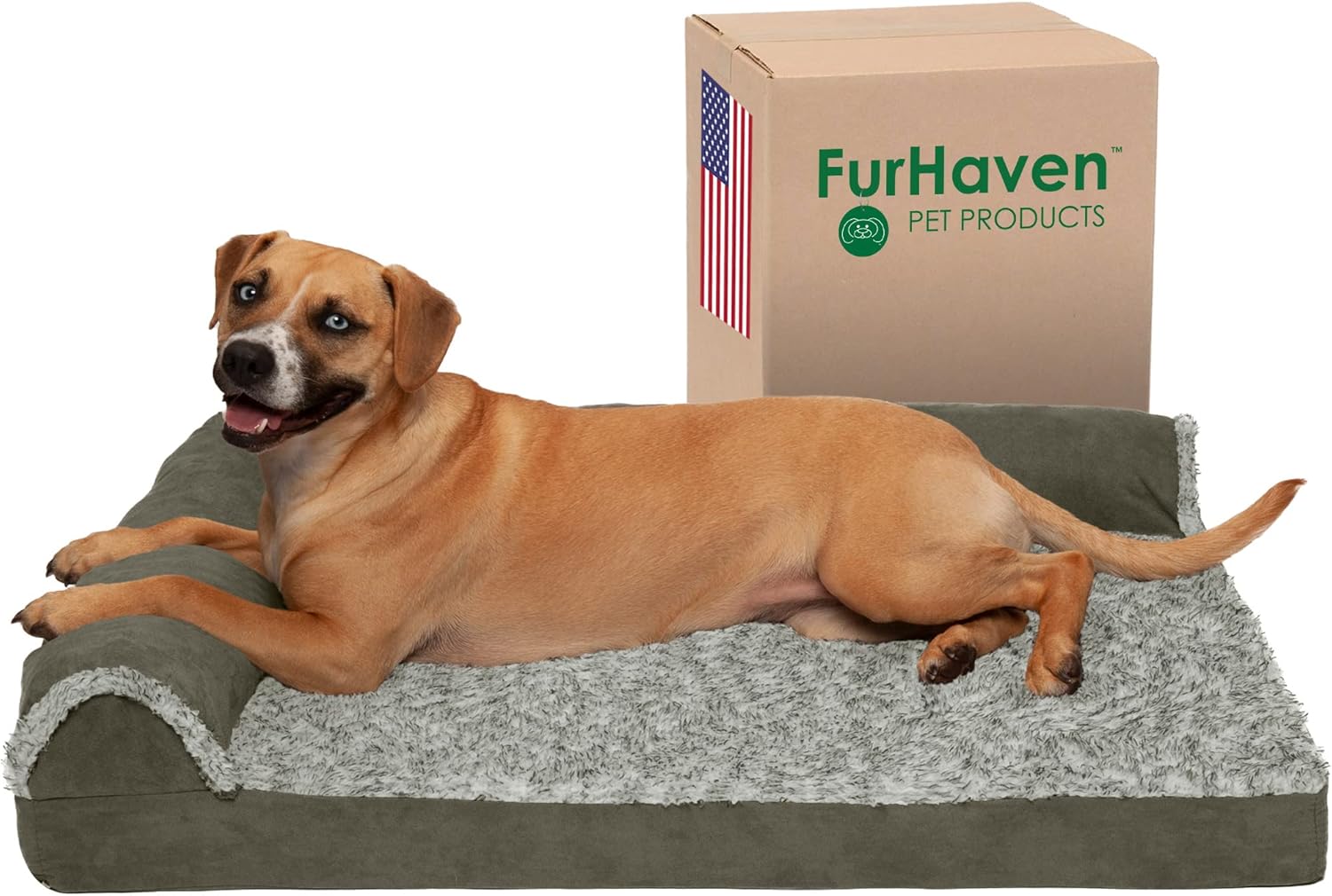 Furhaven Cama para animais de estimação para cães e gatos – Cama de espuma de gel refrescante em forma de L de pele sintética de dois tons, capa removível lavável na máquina – sálvia escura, grande
