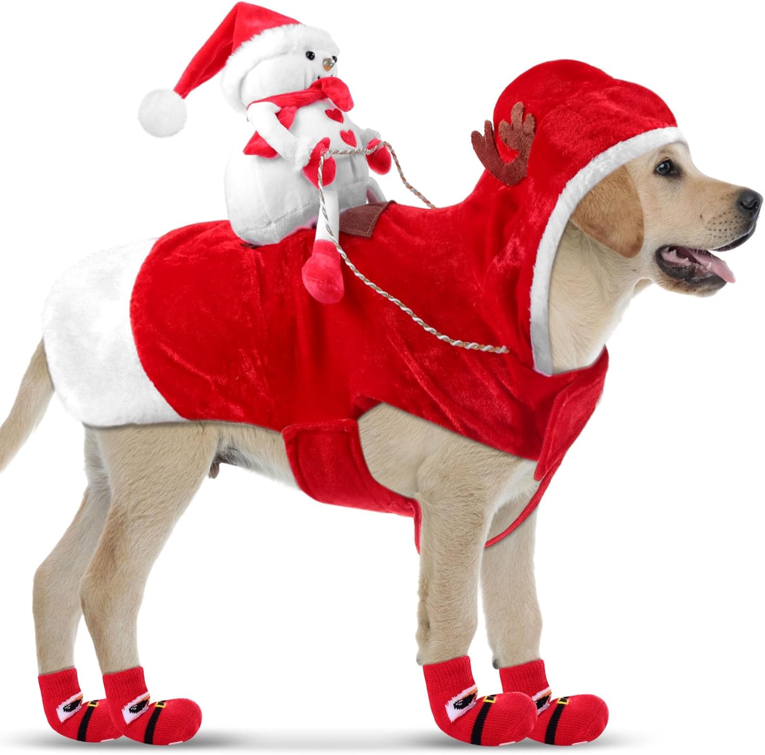 Aliceset Conjunto de 5 peças de fantasia de cachorro de Natal inclui roupas de Papai Noel e meias de Natal para animais de estimação correndo Papai Noel montando em animais de estimação, fantasias de