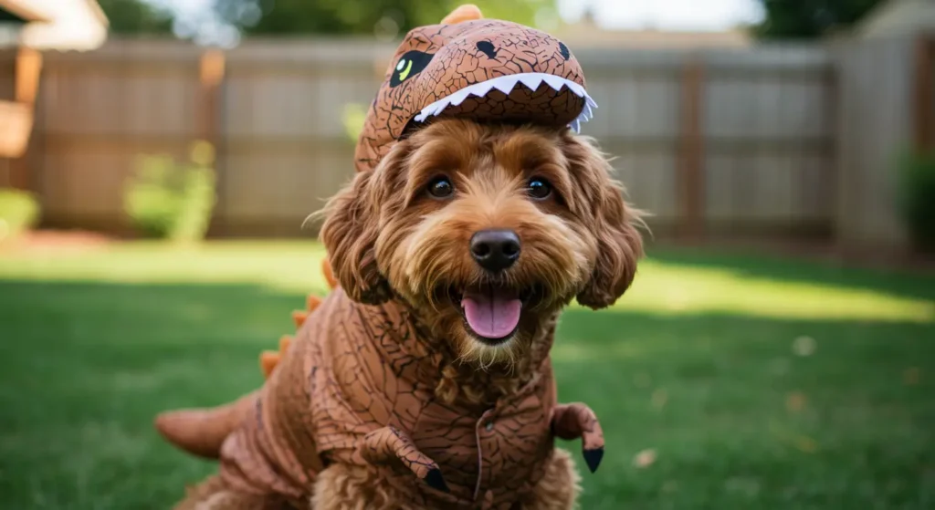 cachorro com fantasia de t-rex