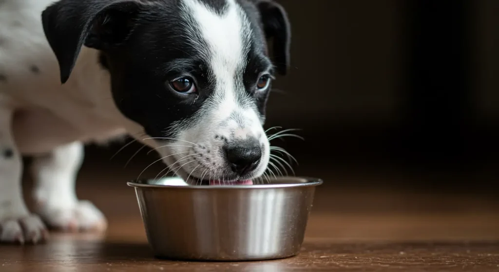cachorro filhote comendo ração em casa